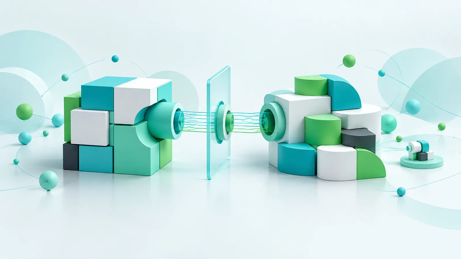 Dois sistemas encaixam blocos compatíveis através de uma interface central bem definida.