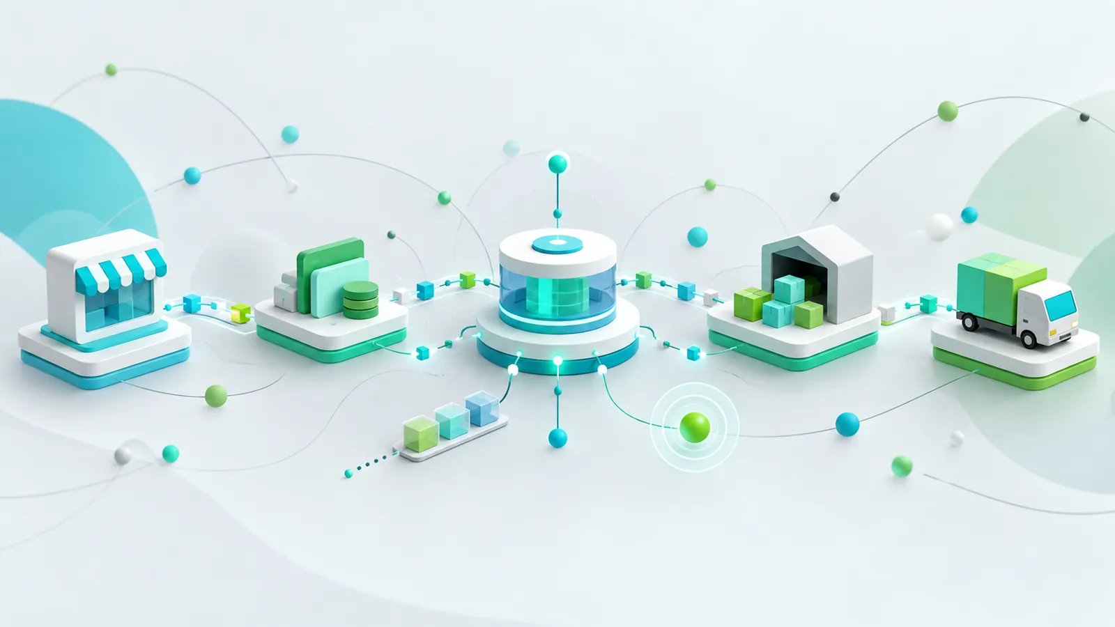 Sistemas de loja, finanças, estoque e entregas trocam dados por fluxos conectados.